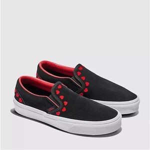 Vans Black Slip-On Shoes with Red Hearts